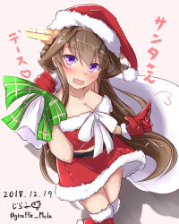 Rule 34 | 1girl, belt, black belt, blush, boots, breasts, brown hair, cleavage, collarbone, double bun, dress, fur trim, giraffe (ilconte), gloves, hair bun, hat, headgear, highres, kantai collection, knee boots, kongou (kancolle), kongou kai ni (kancolle), large breasts, long hair, looking at viewer, midriff, open mouth, purple eyes, red dress, red footwear, red gloves, red skirt, sack, santa dress, santa hat, simple background, skirt, solo, standing, strapless, strapless dress, translation request, very long hair, white background
