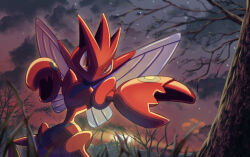 Rule 34 | bare tree, blurry, blurry foreground, brown eyes, chausagi, cloud, creatures (company), dusk, game freak, gen 2 pokemon, grass, nintendo, no humans, no mouth, outdoors, pincers, pokemon, pokemon (creature), scizor, solo, star (sky), tree, wings