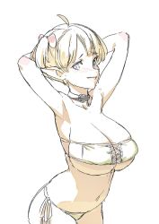 Rule 34 | 1girl, ahoge, armpits, arms behind head, arms up, bad id, bad twitter id, bdsm, bikini, blonde hair, blue eyes, blush, bow, breasts, cleavage, collar, cowboy shot, cross-laced clothes, elf, eyepatch bikini, grin, hair bow, highres, large breasts, leaning forward, looking at viewer, navel, one side up, original, pointy ears, short hair, side-tie bikini bottom, simple background, slave, smile, solo, swimsuit, timbougami, white background