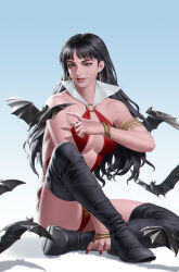Rule 34 | 1girl, bat (animal), black footwear, black hair, blue background, boots, breasts, clothing cutout, collar, earrings, gold bracelet, grey eyes, highres, jewelry, large breasts, long hair, looking at another, navel cutout, one-piece swimsuit, red nails, red one-piece swimsuit, sitting, solo, swimsuit, thigh boots, vampirella, vampirella (character), white collar, yoon junggeun