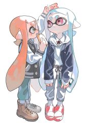 Rule 34 | 2girls, aqua hair, aspara, blunt bangs, boots, closed mouth, eating, green eyes, hand on another&#039;s head, highres, holding, inkling, inkling girl, inkling player character, jacket, long hair, multiple girls, nintendo, on head, open mouth, orange hair, pants, pointy ears, red eyes, sandals, shirt, shoes, shrimp, simple background, socks, splatoon (series), squid, tentacle hair, white background, white shirt