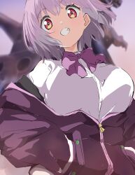 Rule 34 | 1girl, absurdres, blurry, blurry background, bow, bowtie, breasts, cardigan, collared shirt, from below, gridman universe, hands in pockets, highres, jacket, jacket partially removed, large breasts, looking at viewer, multicolored eyes, off shoulder, partially unzipped, purple bow, purple bowtie, purple hair, purple jacket, red eyes, shinjou akane, shirt, short hair, smile, solo, ssss.gridman, teeth, white cardigan, white gorilla (okamoto), white shirt, zipper