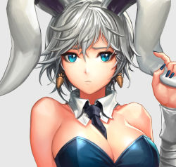 Rule 34 | 1girl, animal ears, bare shoulders, battle bunny riven, blue eyes, breasts, carrot, cherrylich, cleavage, collar, daeho cha, earrings, fake animal ears, food-themed earrings, jewelry, large breasts, league of legends, looking at viewer, necktie, playboy bunny, rabbit ears, riven (league of legends), short hair, silver hair, solo