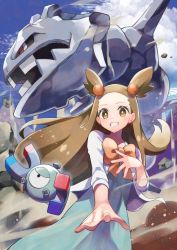 Rule 34 | 1girl, bow, bright pupils, brown eyes, brown hair, cloud, commentary request, creatures (company), day, dress, eyelashes, floating hair, game freak, gen 1 pokemon, gen 2 pokemon, green dress, grin, hair bobbles, hair ornament, long hair, looking at viewer, magnemite, nintendo, orange bow, outdoors, pokemon, pokemon (creature), pokemon hgss, rainys bill, rock, sky, smile, spread fingers, steelix, teeth, two side up