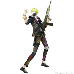 Rule 34 | 1boy, \m/, armor, assault rifle, bangle, blonde hair, blood, blood on clothes, blood splatter, bracelet, bullpup, carbine, commentary, formal, full body, gas mask, gun, hairband, highres, holding, holding gun, holding weapon, jewelry, kiyohara hiro, knee pads, l85, love one (senjuushi), machine gun, male focus, mask, necktie, official art, rifle, ring, sa80, senjuushi: the thousand noble musketeers, senjuushi (series), short hair, shoulder armor, sleeves pushed up, solo, spiked hairband, spikes, squad automatic weapon, standing, suit, thigh strap, trigger discipline, weapon