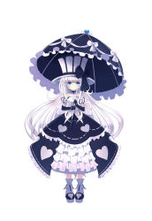 Rule 34 | 00s, 1girl, 6 yin, black gloves, blue eyes, choker, detached sleeves, dungeon and fighter, elbow gloves, full body, gloves, gothic lolita, hat, heart, holding, lolita fashion, long hair, looking at viewer, parasol, solo, standing, striped, striped clothes, striped headwear, top hat, umbrella, vertical-striped clothes, vertical-striped headwear, white hair