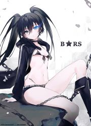 Rule 34 | 1girl, arm support, bikini, bikini under clothes, black bikini, black choker, black footwear, black hair, black jacket, black rock shooter, black rock shooter (character), black shorts, blue eyes, boots, chain, choker, feet out of frame, front-tie bikini top, front-tie top, hair between eyes, highres, jacket, kitere, long hair, long sleeves, looking at viewer, micro bikini, micro shorts, navel, open clothes, open jacket, shorts, sitting, solo, stomach, swimsuit, twintails, white background