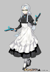 Rule 34 | 1girl, black-framed eyewear, black footwear, dual wielding, full body, green eyes, grey background, gun, holding, holding gun, holding weapon, long sleeves, looking at viewer, maid, maid headdress, official art, pantyhose, pota (bluegutty), puffy long sleeves, puffy sleeves, reki connect, silver hair, simple background, smile, solo, standing, tachi-e, watermark, weapon, white pantyhose
