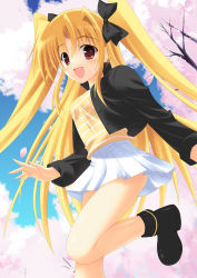 Rule 34 | 00s, 1girl, :d, ankle boots, blonde hair, blush, boots, breasts, casual, cherry blossoms, contemporary, fate testarossa, kouzuki hajime, large breasts, long sleeves, looking at viewer, lyrical nanoha, mahou shoujo lyrical nanoha, mahou shoujo lyrical nanoha strikers, open mouth, outdoors, plant, running, smile, solo, tareme, tree