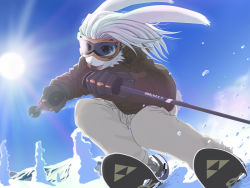 Rule 34 | androgynous, rabbit, furry, gender request, gloves, goggles, jacket, mountain, nature, outdoors, plant, skiing, skis, sky, smile, snow, solo, sun, triforce, white hair, yosukemo