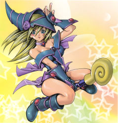Rule 34 | 1girl, bare shoulders, blonde hair, blue eyes, blue footwear, blush stickers, boots, breasts, choker, cleavage, curvy, dark magician girl, duel monster, facial mark, female focus, fingerless gloves, gloves, hand on own head, hat, highres, knee boots, large breasts, legs, long hair, magical girl, official art, pentacle, shiny skin, signature, smile, solo, star (symbol), starry background, straddling, takahashi kazuki, wand, wind, wizard hat, yellow background, yu-gi-oh!, yu-gi-oh! duel monsters