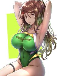 Rule 34 | 1girl, :/, alternate costume, alternate hairstyle, anger vein, armpits, arms behind head, breasts, brown eyes, brown hair, collarbone, commentary, covered navel, ebora, english commentary, english text, glaring, green background, green one-piece swimsuit, hair between eyes, highleg, highleg swimsuit, highres, large breasts, long hair, mugino shizuri, multicolored clothes, multicolored swimsuit, one-piece swimsuit, ponytail, print swimsuit, sideboob, sitting, solo, swimsuit, thigh strap, toaru kagaku no railgun, toaru majutsu no index, two-tone background, white background, white one-piece swimsuit, yellow one-piece swimsuit
