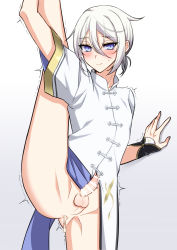Rule 34 | 1boy, blue eyes, blush, bottomless, censored, cum, cum in ass, fate/grand order, fate (series), highres, male focus, mzmz0424, penis, prince of lan ling (fate), short hair, solo, standing, standing on one leg, testicles, trap