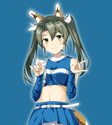 Rule 34 | 1girl, \m/, animal ears, belt, blue background, blue skirt, breasts, crop top, dark green hair, detached sleeves, fake animal ears, fake tail, fox ears, fox tail, green eyes, hair ribbon, hokkaido nippon-ham fighters, kantai collection, long hair, looking at viewer, midriff, monsuu (hoffman), navel, nippon professional baseball, ribbon, simple background, skirt, small breasts, smile, solo, tail, twintails, upper body, white belt, white ribbon, zuikaku (kancolle)