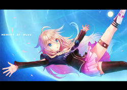 Rule 34 | 1girl, ahoge, bare shoulders, blue eyes, braid, falling, fisheye, ia (vocaloid), letterboxed, long hair, looking at viewer, ocean, off shoulder, open mouth, outstretched arms, petals, pink hair, single thighhigh, skirt, sky, solo, spread arms, sts, sun, thigh strap, thighhighs, twin braids, very long hair, vocaloid
