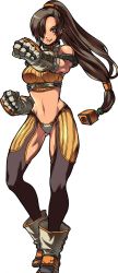 Rule 34 | 00s, 1girl, armband, bandaid, bare shoulders, boots, breasts, brown eyes, brown hair, dungeon and fighter, female focus, fighter (dungeon and fighter), gloves, hair over one eye, highres, long hair, midriff, muscular, navel, ponytail, simple background, solo, thighhighs, thong, very long hair, white background