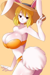 Rule 34 | 1girl, absurdres, animal ears, bikini, blonde hair, breasts, rabbit ears, rabbit tail, carrot (one piece), cleavage, curvy, hat, highres, huge breasts, large breasts, one piece, smile, solo, swimsuit, tail, thick thighs, thighs, wide hips