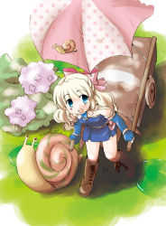 Rule 34 | 1girl, alchemist (ragnarok online), alternate color, ambernite, blonde hair, blue dress, blue eyes, blue gloves, blush, boots, bow, breasts, brown cape, brown footwear, bush, cape, commentary request, cross-laced footwear, dress, elbow gloves, fingerless gloves, full body, gloves, hair bow, long hair, looking at viewer, okosama lunch (sendan), open mouth, pink bow, pullcart, ragnarok online, short dress, signature, small breasts, smile, snail, strapless, strapless dress