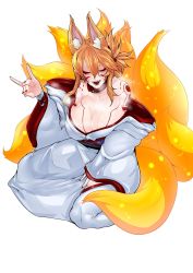 Rule 34 | animal ear fluff, animal ears, bare shoulders, blonde hair, breasts, cleavage, collar, closed eyes, facial mark, fox ears, fox shadow puppet, fox tail, full-body tattoo, full body, hair up, highres, japanese clothes, kamen no hito, kimono, kimono pull, kyuubi-chan (kamen no hito), large breasts, long sleeves, multiple tails, nail polish, obi, open mouth, original, sash, seiza, sitting, tail, tattoo, thighhighs, whisker markings, white background, white kimono, white legwear, wide sleeves