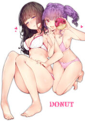 Rule 34 | 2girls, ;d, bang dream!, bare legs, barefoot, black hair, blunt bangs, blush, bow, bow panties, bra, breasts, brown hair, cleavage, doughnut, drill hair, english text, food, full body, heart, highres, holding, holding food, knees together feet apart, large breasts, locked arms, long hair, looking at viewer, medium breasts, momonipu, multiple girls, navel, non-web source, one eye closed, open mouth, panties, pink bra, pink panties, purple eyes, purple hair, red eyes, shirokane rinko, simple background, smile, twintails, udagawa ako, underwear, underwear only, white background, white bra, white panties
