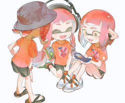 Rule 34 | 3girls, :d, aspara, black shorts, blush, bracelet, braid, bucket hat, can, cellphone, closed eyes, dolphin shorts, earbuds, earphones, eyebrow cut, fangs, female focus, flip-flops, flip phone, grey headwear, hat, headphones, highres, holding, holding can, inkling, inkling girl, inkling player character, jewelry, multiple girls, nintendo, octoling player character, open mouth, orange shirt, phone, red hair, sandals, shirt, shoes, shorts, side braid, simple background, sitting, smile, sneakers, splatoon (series), standing, tentacle hair, wariza, white background, yellow eyes