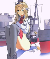 Rule 34 | 3girls, blonde hair, blue eyes, cup, fairy (kancolle), feet out of frame, flower, full body, headgear, kantai collection, ladder, long hair, machinery, military, military uniform, mini person, minigirl, miniskirt, multiple girls, nanidato (nanidat0), nelson (kancolle), red flower, red rose, rigging, rose, sitting, skirt, solo focus, sugar cube, teacup, thighhighs, uniform, white background