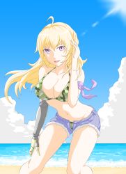 Rule 34 | 1girl, absurdres, ahoge, armband, beach, bikini, bikini under clothes, blonde hair, blue sky, breasts, camouflage, camouflage bikini, cleavage, cloud, denim, denim shorts, groin, halterneck, hand in own hair, hand on leg, highres, large breasts, leaning forward, lens flare, long hair, navel, ocean, prosthesis, prosthetic arm, purple eyes, rwby, shorts, sky, smile, solo, swimsuit, swimsuit under clothes, tsukimizake, yang xiao long