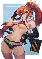 1girl belt bikini black_bikini black_gloves black_shorts boosty_username breasts elbow_gloves eyewear_on_head fingerless_gloves gloves grey_belt highres large_breasts long_hair looking_at_viewer patreon_username pink_thighhighs ponytail red_hair short_shorts shorts solo sunglasses swimsuit tengen_toppa_gurren_lagann thighhighs wersman yellow_eyes yoko_littner