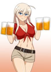 Rule 34 | 1girl, alcohol, beer, blonde hair, blue eyes, blush, breasts, cleavage, groin, hachimitsu-b, hanna-justina marseille, large breasts, long hair, navel, shiny skin, shirt, shorts, smile, solo, strike witches, thighs, tied shirt, witches of africa, world witches series