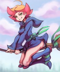 Rule 34 | 1girl, absurdres, ahoge, amanda o&#039;neill, ass, boots, breasts, broom, day, dress, full body, green eyes, grin, highres, hood, little witch academia, long sleeves, medium breasts, multicolored hair, naughty face, orange hair, red hair, short hair, sky, smile, solo, toasty scones, two-tone hair, witch