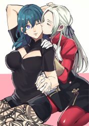 Rule 34 | 2girls, arm up, black shirt, black shorts, blouse, breasts, byleth (female) (fire emblem), byleth (fire emblem), cleavage, cleavage cutout, closed eyes, clothing cutout, edelgard von hresvelg, fire emblem, fire emblem: three houses, green hair, hair between eyes, hair ribbon, hand on another&#039;s shoulder, highres, holding hands, interlocked fingers, kiss, kissing cheek, pantyhose under shorts, multiple girls, nintendo, one eye closed, oragamura999, pantyhose, red legwear, ribbon, shirt, short shorts, shorts, silver hair, simple background, white background, yuri
