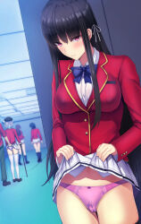 Rule 34 | 1boy, 4girls, advanced nurturing high school uniform, beret, black hair, blazer, blue bow, blue bowtie, blurry, blurry background, bow, bow panties, bowtie, breasts, cane, censored, clitoral stimulation, clitoris vibrator, closed mouth, clothes lift, collared shirt, commentary request, daiaru, egg vibrator, grey hair, hair between eyes, hair ribbon, hallway, hand in panties, hat, highres, holding, holding cane, horikita suzune, indoors, jacket, large breasts, lifted by self, long bangs, long hair, long sleeves, mosaic censoring, multiple girls, panties, pink panties, pleated skirt, public indecency, public nudity, pussy, red eyes, red jacket, ribbon, sakayanagi arisu, school uniform, sex toy, shirt, short hair, skirt, skirt lift, smile, solo focus, thighhighs, underwear, vibrator, vibrator on clitoris, vibrator under clothes, vibrator under panties, white ribbon, white shirt, white skirt, white thighhighs, youkoso jitsuryoku shijou shugi no kyoushitsu e
