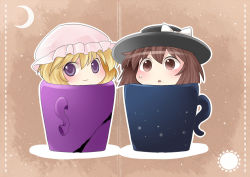 Rule 34 | 2girls, blonde hair, bow, brown eyes, brown hair, chibi, crescent, cup, female focus, hammer (sunset beach), hat, hat bow, in container, in cup, maribel hearn, multiple girls, outline, purple eyes, smile, touhou, usami renko
