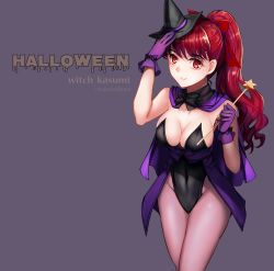 Rule 34 | 1girl, arm up, black hat, black leotard, black neckwear, bow, breasts, cape, character name, cleavage, covered navel, gloves, hair bow, halloween, halloween costume, hat, high ponytail, highleg, highleg leotard, highres, holding, holding wand, leotard, long hair, medium breasts, pantyhose, persona, persona 5, persona 5 the royal, pink pantyhose, purple background, purple cape, purple gloves, red bow, red hair, sideboob, simple background, solo, standing, strapless, strapless leotard, twitter username, very long hair, wand, witch hat, yaoto, yoshizawa kasumi