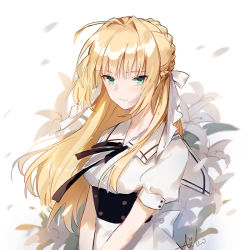 Rule 34 | 1girl, ahoge, aiko (kanl), bad id, bad pixiv id, blush, braid, breasts, character request, closed mouth, commentary request, fate (series), floral background, flower, french braid, green eyes, hair ribbon, lily (flower), long hair, looking at viewer, medium breasts, neck ribbon, nero claudius (fate), nero claudius (fate) (all), nero claudius (fate/extra), petals, puffy short sleeves, puffy sleeves, ribbon, short sleeves, signature, sketch, smile, solo, tsurime, upper body, v arms, white ribbon