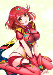Rule 34 | 1girl, breasts, brown eyes, large breasts, looking at viewer, nintendo, open mouth, pyra (xenoblade), red hair, red thighhighs, short shorts, shorts, sitting, smile, solo, swept bangs, thighhighs, xenoblade chronicles (series), xenoblade chronicles 2