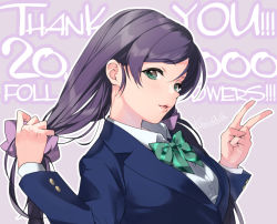 Rule 34 | 1girl, blazer, blue jacket, bow, bowtie, commentary request, english text, green bow, green bowtie, green eyes, hair half undone, hair ornament, hair scrunchie, jacket, kate iwana, long hair, long sleeves, looking at viewer, love live!, love live! school idol project, milestone celebration, otonokizaka school uniform, outline, parted lips, purple background, purple hair, purple scrunchie, school uniform, scrunchie, signature, solo, striped bow, striped bowtie, striped clothes, striped neckwear, thank you, tojo nozomi, twintails, upper body, v, white outline