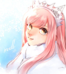Rule 34 | 1girl, character name, coat, fate/grand order, fate (series), fur coat, fur collar, long hair, looking at viewer, medb (fate), medb (first ascension) (fate), nishiyama (whatsoy), pink hair, smile, solo, tiara, yellow eyes