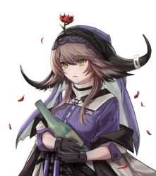 Rule 34 | 1girl, absurdres, arknights, black skirt, bottle, brown hair, commentary request, drooling, flower, flower on head, green eyes, grey jacket, hair between eyes, highres, horns, jacket, kiwicci, looking away, hugging object, off shoulder, pallas (arknights), parted lips, petals, purple shirt, red flower, saliva, shirt, simple background, skirt, solo, upper body, veil, white background