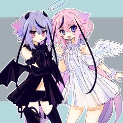 Rule 34 | 2girls, angel, angel and devil, angel wings, bare shoulders, bat wings, black gloves, black hair, black ribbon, black shirt, black shorts, black thighhighs, blue eyes, blue hair, clenched hand, clothing cutout, commentary, demon girl, demon horns, demon tail, dress, elbow gloves, fang, feet out of frame, flapper shirt, frilled bracelet, frilled dress, frills, gloves, gradient hair, hair flaps, halo, hand up, highres, hikimayu, holding own arm, horns, index finger raised, ishitsuki ( 0101 831), light blush, long hair, looking at viewer, low wings, meika hime, meika mikoto, multicolored hair, multiple girls, navel, neck ribbon, open mouth, outline, pink hair, pink nails, purple hair, red eyes, ribbon, shirt, short hair, short shorts, shorts, shoulder cutout, siblings, sisters, smile, streaked hair, tail, thighhighs, very long hair, vocaloid, white dress, white outline, white ribbon, wings