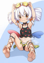 Rule 34 | 1girl, abstract background, abutomato, arm up, armpits, arms up, asymmetrical wings, bare shoulders, barefoot, bikini, black bikini, black choker, blush, breasts, brown eyes, cartoon wings, choker, collarbone, feet, full body, highres, holding, jewelry, long hair, looking at viewer, magia record: mahou shoujo madoka magica gaiden, magical girl, mahou shoujo madoka magica, mismatched wings, momoe nagisa, momoe nagisa (swimsuit ver.), multicolored eyes, polka dot, polka dot bikini, ringed eyes, see-through, sitting, small breasts, smile, soles, solo, swimsuit, toes, twitter username, two side up, white hair, wings, yellow eyes