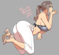 Rule 34 | 1girl, agawa ryou, artist name, ass, bare shoulders, bow, breasts, brown eyes, brown hair, commentary, dated, english commentary, grey background, hand on own face, high heels, huge breasts, long hair, numbered, original, pants, ponytail, profile, sideboob, sidelocks, simple background, solo, strapless, white pants