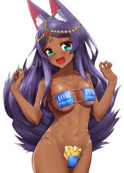 Rule 34 | 1girl, :d, animal ear fluff, animal ears, aqua eyes, armpit peek, arms up, bare arms, bare shoulders, bikini, blue bikini, blush, breasts, breasts apart, circlet, clothes writing, collarbone, commentary request, cowboy shot, dark-skinned female, dark skin, eyeliner, eyepatch bikini, fang, fate/grand order, fate (series), gem, groin, head tilt, highres, long hair, looking at viewer, makeup, medium breasts, mikumo (lpmkookm), navel, open mouth, parted bangs, purple hair, queen of sheba (fate), sidelocks, simple background, skindentation, smile, solo, stomach, strapless, strapless bikini, swimsuit, tail, translation request, underboob, very long hair, white background