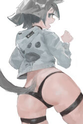 Rule 34 | 1girl, animal ears, ass, black panties, butt crack, cat ears, cat girl, cat tail, choker, fang, from behind, from below, green eyes, grey hair, legs, looking back, midriff, no pants, open mouth, original, panties, short hair, skin fang, solo, standing, sweater, tail, thigh strap, thighs, underwear, white background, zygocactus