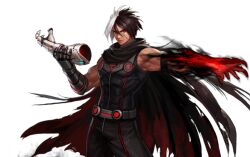 Rule 34 | 1boy, artist request, bare shoulders, black hair, cloak, dark skin, facial scar, fire, male focus, metal gloves, multicolored hair, muscular, muscular male, nameless (kof), official art, pyrokinesis, red eyes, red fire, scar, scar across eye, scar on cheek, scar on face, solo, the king of fighters, the king of fighters 2002, the king of fighters all-stars, two-tone hair, white hair