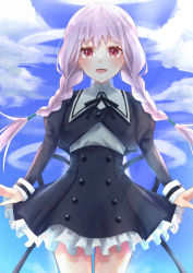Rule 34 | 1girl, :d, absurdres, arms at sides, assault lily, black skirt, blue sky, blush, braid, buttons, cloud, cowboy shot, cropped jacket, day, frilled skirt, frills, high-waist skirt, highres, hitotsuyanagi yuri, juliet sleeves, long sleeves, looking at viewer, low twin braids, low twintails, miniskirt, neck ribbon, open mouth, outdoors, pink eyes, puffy sleeves, purple hair, ribbon, school uniform, shirt, skirt, sky, smile, solo, standing, sunlight, teeth, twin braids, twintails, upper teeth only, white shirt, yozakurayuyu, yurigaoka girls academy school uniform