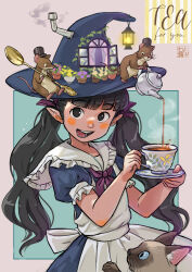 Rule 34 | 1girl, :d, animal, apron, black eyes, black hair, blue dress, blue hat, blunt bangs, blush, blush stickers, bow, cat, chimney, collar, cup, dress, frilled sailor collar, frills, hair bow, hat, highres, lantern, looking at viewer, mouse (animal), nanami tomorou, nose blush, open mouth, original, plant, pointy ears, potted plant, pouring, puffy short sleeves, puffy sleeves, purple bow, romaji commentary, sailor collar, short sleeves, smile, smoke, solo, spoon, tea, teacup, teapot, teeth, top hat, twintails, white apron, white collar, window, witch, witch hat