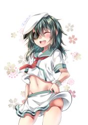 Rule 34 | 1girl, bad id, bad pixiv id, blush, closed eyes, cowboy shot, eyepatch, green hair, groin, hand on own hip, hat, kantai collection, kiso (kancolle), long hair, midriff, miniskirt, navel, necktie, open mouth, red necktie, school uniform, serafuku, shirt, short sleeves, signature, simple background, skirt, smile, solo, standing, stomach, white background, white hat, white shirt, white skirt, wrist cuffs, yuihira asu