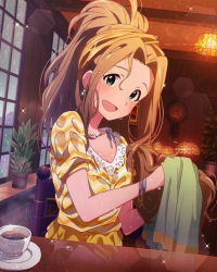 Rule 34 | 10s, 1girl, :d, blush, brown hair, earrings, green eyes, hairband, idolmaster, idolmaster million live!, jewelry, long hair, looking at viewer, necklace, nikaidou chizuru, official art, open mouth, ponytail, smile, very long hair, wet, wet clothes