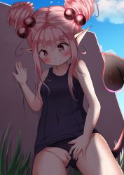 Rule 34 | 1girl, bare arms, bare shoulders, black one-piece swimsuit, blue sky, blush, breasts, cleft of venus, closed mouth, clothes pull, clothing aside, cloud, covered navel, day, demon girl, demon tail, female focus, from below, grass, hair bobbles, hair ornament, highres, long hair, looking down, mochiyuki, one-piece swimsuit, one-piece swimsuit pull, original, outdoors, pink hair, pointy ears, pussy, school swimsuit, sidelocks, sky, small breasts, solo, standing, swimsuit, swimsuit aside, tail, third-party edit, uncensored